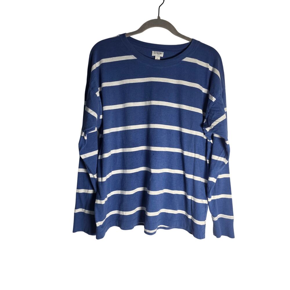 J. Crew Women’s Large Blue White Striped Long Sleeve Shirt Preppy Casual Office